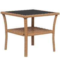 Outsunny Rattan Side Table, Outdoor End Table with Storage Shelf, Aluminum Frame Square, Coffee Table with Tempered Glass Top, Sand(m-11)