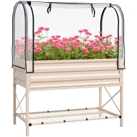 Outsunny Raised Garden Bed with Legs and Cover, Metal Elevated Planter Box with Bottom Shelf and Liner for Vegetables, Cream(m-11)