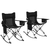 Outsunny Folding Rocking Camping Chairs, Portable Chairs with Headrest, Cooler Bag, Cup Holder, Carry Bag, 2 Pack, Black(m-11)