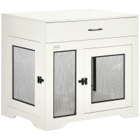 PawHut Dog Crate Furniture with Cushion, 2 Doors, Storage, Dog Kennel End Table for Small Medium Dogs, White(m-11)