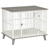 PawHut Dog Crate, Furniture Style Pet Cage Kennel, End Table, Decorative Dog House, with Soft Cushion, Wooden Top, Door, for Small & Medium Dogs, Indoor Use, Grey(m-2)