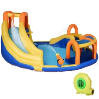 Outsunny 6-in-1 Inflatable Water Slide Kids Bounce House Jumping Castle Includes Slide Basket Pool Water Gun Climbing Wall Tunnel with Carry Bag, Repair Patches and 750W Air Blower(m-1)