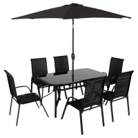 Outsunny 8 Pieces Patio Furniture Set with 9Ft Patio Umbrella, Outdoor Dining Table and Chairs, Black(m-11)