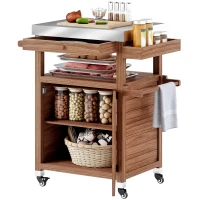 Outsunny Outdoor Grill Cart with Stainless Steel Top, Solid Wood Outdoor Kitchen Island with Wheels, Drawer, Side Handle, Brown(m-11)