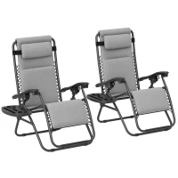 Outsunny Zero Gravity Lounge Chair Set, 2 Pieces Reclining Folding Outdoor Lounge Chairs with Headrest Side Tray, Light Gray(m-11)