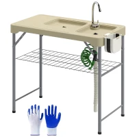 Outsunny Folding Fish Cleaning Table with Sinks, Portable Camping Sink Table with Faucet, Drainage Hose, Sprayer, Shelf, Drawer and Storage Basket, Outdoor Fillet Table for Picnic Beach Patio, Tan(m-11)