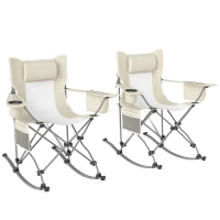 Outsunny Folding Rocking Camping Chairs, Portable Chairs with Headrest, Cooler Bag, Cup Holder, Carry Bag, 2 Pack, Cream(m-11)