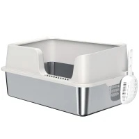 PawHut Stainless Steel Litter Box with High Side, Scoop, Easy Cleaning & Anti-Urine Leakage, for Big Cats, Light Gray(m-1)