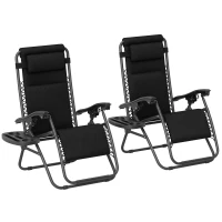 Outsunny Zero Gravity Lounge Chair Set, 2 Pieces Reclining Folding Outdoor Lounge Chairs with Headrest Side Tray, Black(m-11)