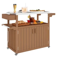 Outsunny Outdoor Bar Cart with Storage, Stainless Steel Outdoor Bar Table Top, Wheeled HDPE Kitchen Island for Food Prep, Brown(m-11)