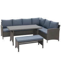 Outsunny 4 Pieces Patio Wicker Dining Sets, Outdoor PE Rattan Sectional Conversation Set with Cushions & Dining Table, Bench for Garden, Backyard, Lawn, Gray(m-1)