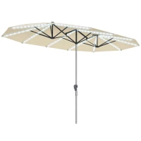 Outsunny 15ft Double-Sided Outdoor Umbrella with Solar Lights, UPF50+ Extra Large Aluminum Patio Umbrella with Crank, Cream White(m-11)