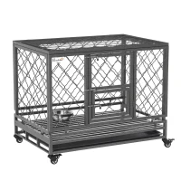 PawHut Heavy Duty Dog Crate w/ Wheels, Openable Top, Removable Tray, Bowl, for Large Dogs-Sized Dogs, 36.4" x 24.4" x 31.1"(m-11)