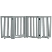 PawHut 4 Panel Free Standing Wooden Pet Gate with Open Door Light Grey(m-11)