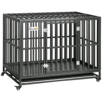 PawHut 44" Heavy Duty Steel Dog Crate Kennel Pet Cage with Wheels for Convenient Access Anti-Pinching Floor, Black(m-2)