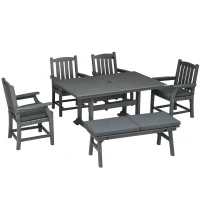 Outsunny 6 Pieces Patio Dining Set, 6 Seater Outdoor Table and Chairs, Conversation Furniture, Armrests, Loveseat Bench, Dinner Table with Umbrella Hole, Cushions, Dark Gray(m-1)