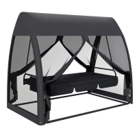 Outsunny 3 Seat Outdoor Swing Chair Convertible Covered Day Bed with Canopy, Mesh Netting, Steel Stand for Garden, Patio, Gray(m-11)