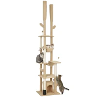 PawHut 89"-100" Floor to Ceiling Cat Tree Cat Tower for Large Cats w/ Scratching Posts, Grooming Brush Post, Cat Condo, Brown(m-11)