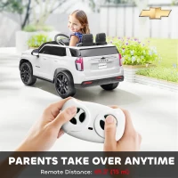 Aosom Licensed Chevrolet Tahoe Kids Ride on Car, 12V 7AH Toddler Electric Car with Parent Remote Control, 3 Speeds, Spring Suspension, LED Light, Horn, Music, White(m-6)