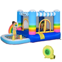 Outsunny Inflatable Bounce House for Kids 2-in-1 Jumping Castle for Indoor Outdoor Party with Trampoline, Pool, Carry Bag & Air Blower(m-1)