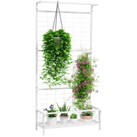 Outsunny Metal Tall Plant Stand with Trellis and Hanging Bar, Plant Holder for Indoor Outdoor Use, 35" x 12.8" x 74", White(m-11)