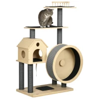 PawHut 56" Cat Tree Activity Condo Luxury Pine Wood  with Hamster-Wheel, Sisal Scratching Posts, Elevated Perches, & Roomy Interior(m-1)