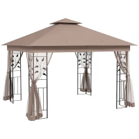 Outsunny 10' x 11.5' Metal Patio Gazebo, Double Roof Outdoor Gazebo Canopy Shelter w/Tree Motifs Corner Frame and Netting, Brown(m-11)