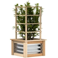 Outsunny Wooden Raised Garden Bed with Trellis, Galvanized Planter Box Elevated Garden Bed for Garden, Patio, Natural Wood(m-11)