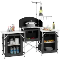 Outsunny Aluminum Camping Kitchen, Portable Folding Camping Table with Fabric Cupboards, Windshield, Bag for BBQ, Picnic, Black(m-11)