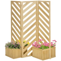 Outsunny Decorative Outdoor Privacy Screen, Freestanding Divider/Separator with 4 Self-Draining Planters, 3 Trellis Plant Support Panels for Garden Walkway, Backyard, Natural Wood(m-1)