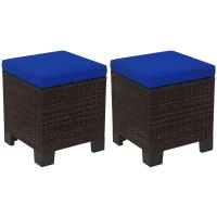 Outsunny 2 Piece Wicker Outdoor Ottomans with Cushions, Rattan Ottoman Footrest and Side Table for Patio, Yard, Poolside, Dark Blue(m-11)