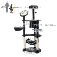 PawHut 60" Multi-Level Plush Cat Tree, Tall Cat Tower with Scratching Posts and 2 Hammocks, Dark Grey(m-3)