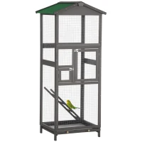 PawHut 65" Wooden Bird Cage Outdoor Aviary House for Parrot, Parakeet, with Pull Out Tray and 2 Doors, Grey(m-1)