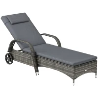 Outsunny Outdoor Chaise Lounge, 5-Level Adjustable Backrest Rattan Pool Lounge Chair with Wheels, Cushion & Headrest, Gray(m-11)