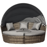 Outsunny 4-Piece Round Convertible Daybed with Cushions, Outdoor PE Rattan Patio Wicker Sofa Set, Sunbed with Adjustable Sun Canopy, Sectional Sofa, 2 Chairs, Table, 3 Pillows, Dark Gray