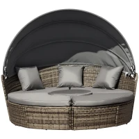Outsunny 4-Piece Round Convertible Daybed with Cushions, Outdoor PE Rattan Patio Wicker Sofa Set, Sunbed with Adjustable Sun Canopy, Sectional Sofa, 2 Chairs, Table, 3 Pillows, Dark Gray(m-1)