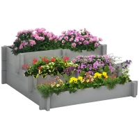 Outsunny 3 Tier Raised Garden Bed, Water Draining Fabric for Soil, Elevated Wood Flower Box for Vegetables, Herbs, Gray(m-1)