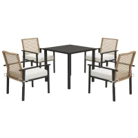 Outsunny 5 Pieces Outdoor Dining Set for 4, Wicker Rattan Patio Furniture Set, Patio Table and Chairs Set with Cushions, Square Metal Table Top, Conversation Set for Garden, Backyard, Deck, Beige(m-11)