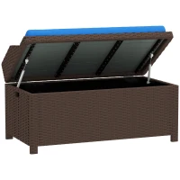 Outsunny Outdoor Wicker Storage Bench with Storage & Cushion, Blue(m-1)