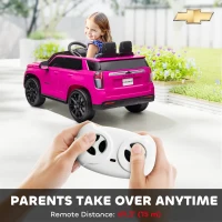 Aosom Licensed Chevrolet Tahoe Kids Ride on Car, 12V 7AH Toddler Electric Car with Parent Remote Control, 3 Speeds, Spring Suspension, LED Light, Horn, Music, Pink(m-6)