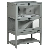 PawHut Wooden Hamster Cage, Mice Rodent Small Animals Kit Hutch with Storage, Sliding Tray Seesaw Running Wheel Lockable Roof(m-2)