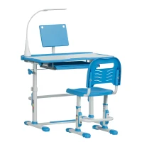 Qaba Kids Desk and Chair Set, Height Adjustable School Study Table and Chair, Student Writing Desk with Tilt Desktop, LED Light, Pen Box, Drawer, Reading Board, Cup Holder, and Pen Slots, Blue(m-1)