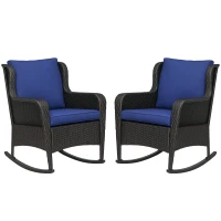 Outsunny 2 Piece Outdoor Wicker Rocking Chairs, Rattan Rockers with Cushions, Steel Frame for Patio, Garden, Backyard, Dark Blue(m-11)