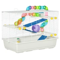 PawHut 31" Large Hamster Cage, Small Animal House, Multi-storey Gerbil Haven, Tunnel Tube System, with Water Bottle, Exercise Wheel, Food Dish, Ramps, White(m-2)