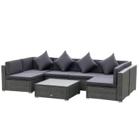 Outsunny 7-Piece Patio Furniture Sets PE Rattan Sectional Sofa Set Outdoor Conversation Set w/Acacia Top Coffee Table & Cushion for Garden, Backyard, Grey(m-1)