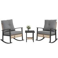 Outsunny 3 Pieces Bistro Set, Patio Wicker Furniture Set with Button Tufted Cushions, Rattan Rocking Chairs, Coffee Table, Gray(m-11)