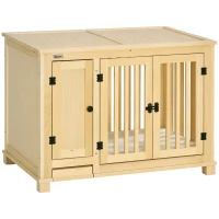 PawHut Wooden Dog Crate Furniture with Drawer Bowl Storage, Dog Kennel End Table with Cushion for Small Dogs Indoor Use, Natural(m-2)