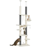 PawHut 89"- 100" Floor to Ceiling Cat Tree with Scratching Posts, Hammock, Perches & Toy Balls, White(m-11)
