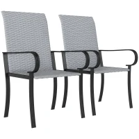 Outsunny Set of 2 Outdoor Wicker Dining Chairs with Armrest, Steel Frame, High Back and Deep Seating, Gray(m-11)