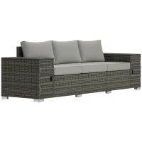 Outsunny 3 Seater Wicker Outdoor Couch Patio Sofa with Storage, Thickened Cushions and Wide Armrests for Porch Yard, Gray(m-11)